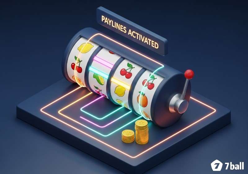 Paylines trong slot là gì được minh hoạ bởi máy quay slot casino với biểu tượng trái cây và đèn neon phát sáng, paylines đã kích hoạt