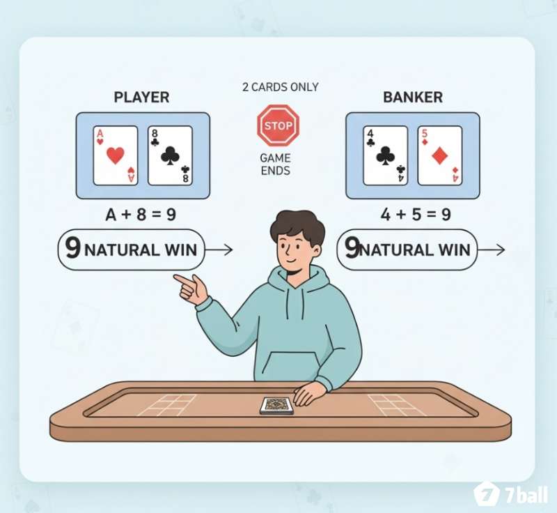 Người chơi baccarat hiểu khái niệm "thắng tự nhiên" khi tổng điểm 8 hoặc 9 từ hai lá bài đầu tiên