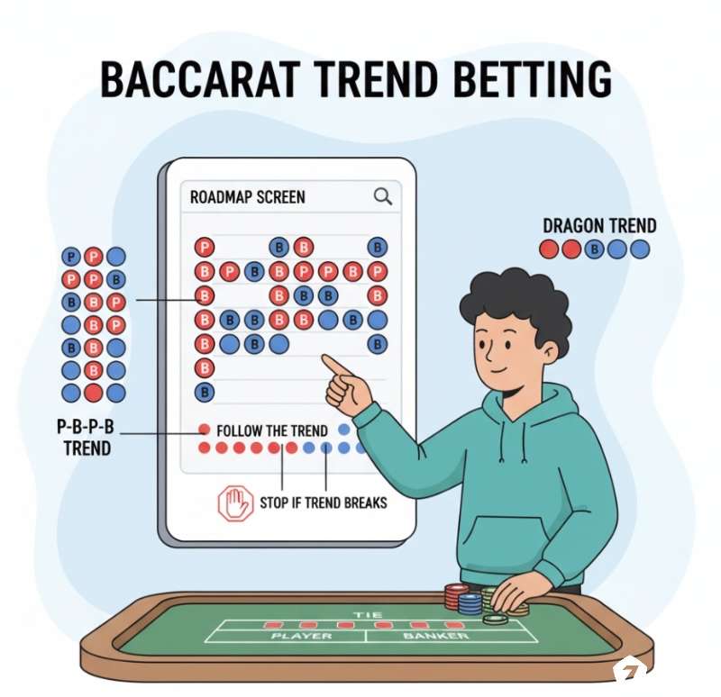 Người chơi baccarat sử dụng chiến thuật "đánh theo cầu" để theo dõi lịch sử và nhận diện xu hướng kết quả