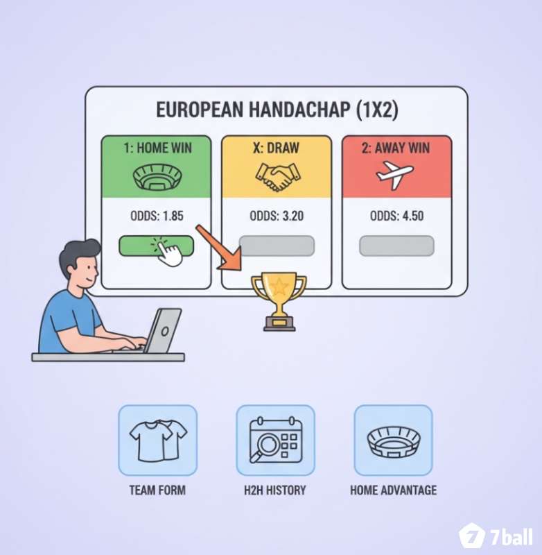 Người chơi đặt cược vào kết quả trận đấu trên bảng kèo Châu Âu 1X2 với các lựa chọn thắng, hòa, thua