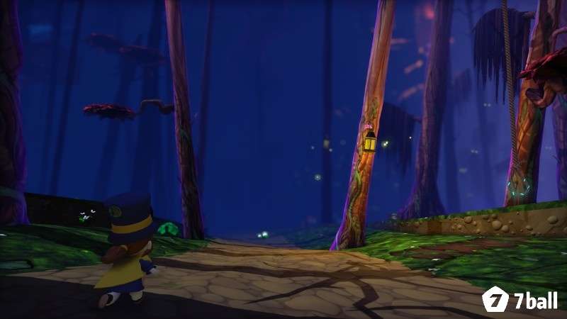 Hat Kid đứng trong khu rừng Subcon Forest tối và kỳ quặc trong A Hat in Time