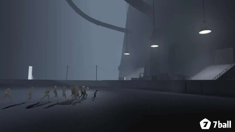 Cậu bé đứng cạnh nhóm người bị điều khiển di chuyển đồng loạt trong Inside