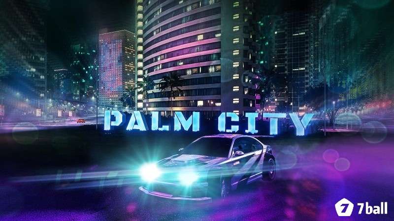 Xe chạy giữa phố neon Palm City trong game Need for Speed Heat lúc ban đêm