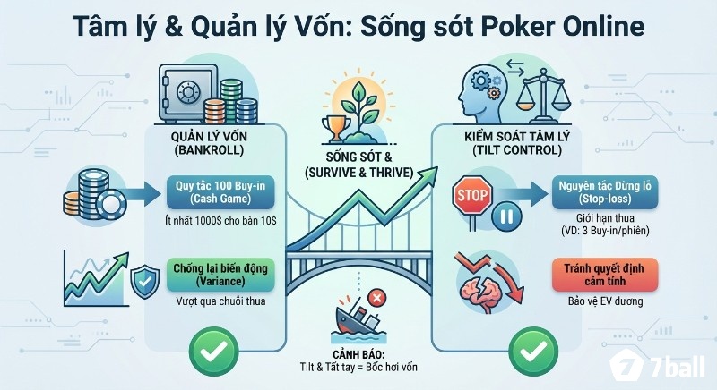 Khung chiến lược Tâm lý & Quản lý vốn giúp sống sót Poker là gì Online, áp dụng quy tắc 100 Buy-in và kiểm soát Tilt, tránh bốc hơi vốn