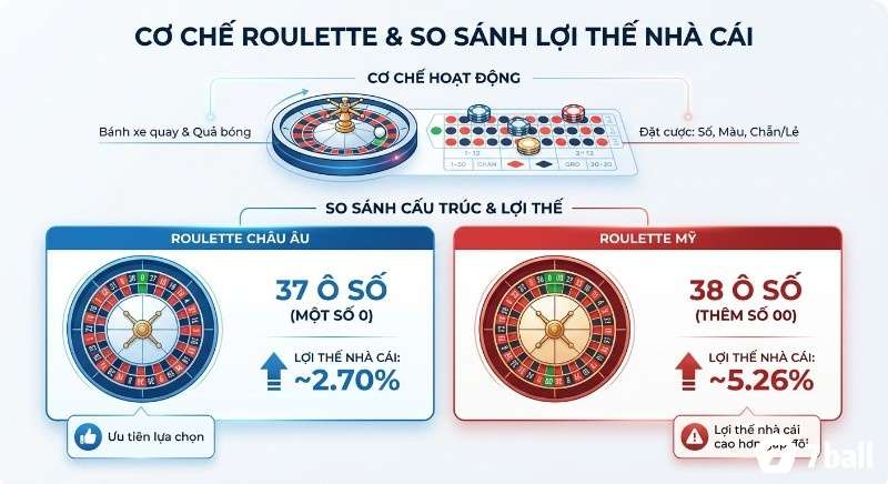 Bảng so sánh cơ chế và lợi thế nhà cái giữa Roulette Châu Âu (37 ô, 2.70%) và Mỹ (38 ô, 5.26%) để bạn lựa chọn tối ưu