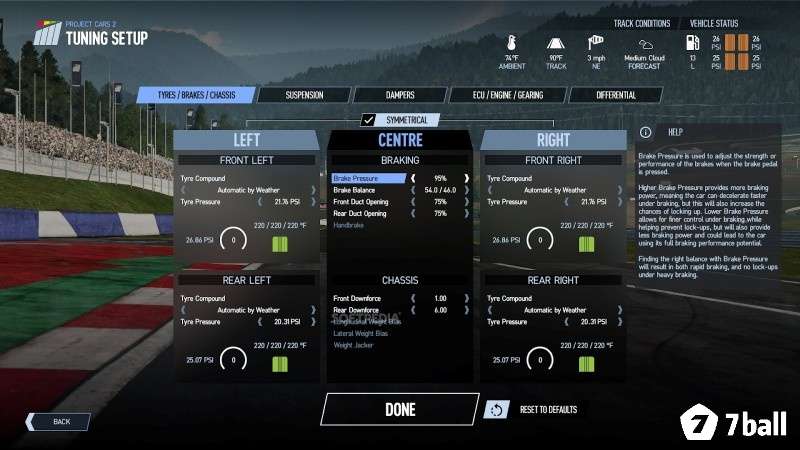 Menu thiết lập xe trong Project CARS 2 gồm lốp, cân bằng và khí động học