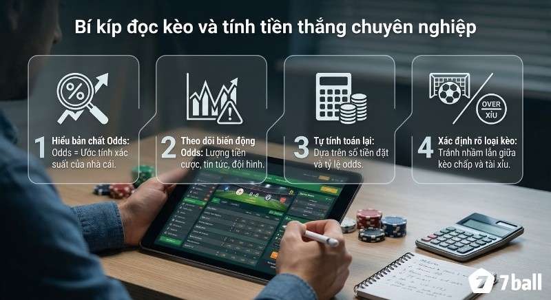 Quy trình 4 bước đọc kèo và tính tiền thắng chuẩn như dân chuyên, tập trung vào bản chất odds, biến động và phân biệt loại kèo
