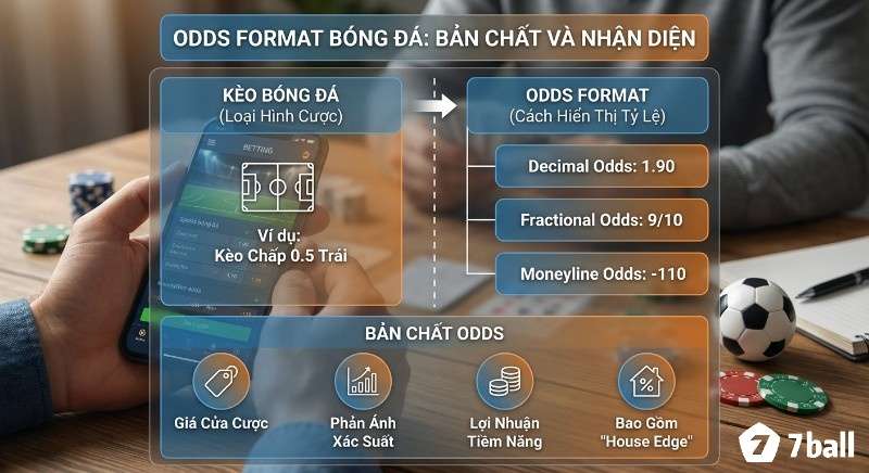Sơ đồ tổng quan odds format bóng đá là gì, nhận diện kèo, các định dạng tỷ lệ và bản chất gồm giá, xác suất, lợi nhuận, house edge