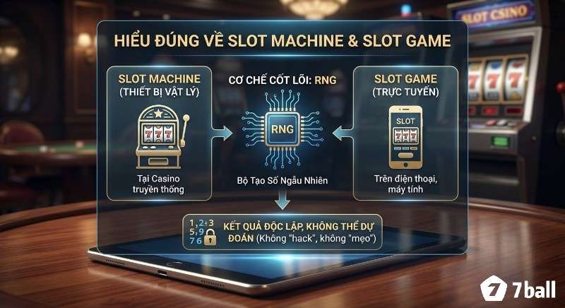 Sơ đồ giúp hiểu đúng về Slot machine là gì và slot game, giải thích cơ chế RNG đảm bảo kết quả độc lập, không thể dự đoán