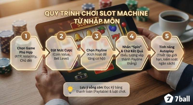 Quy trình 5 bước chơi Slot machine là gì từ nhập môn, hướng dẫn chọn game, đặt cược, spin, autoplay và đọc Paytable