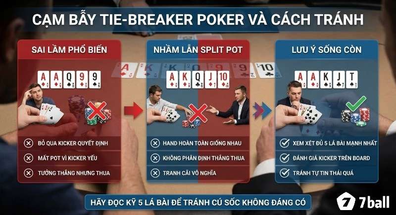Phân tích 3 sai lầm chết người khi áp dụng luật Tie breakers trong poker: bỏ Kicker, nhầm Split Pot và các lưu ý