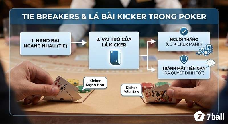 Quy trình xác định tie breakers trong Poker, minh họa vai trò lá Kicker giúp phân biệt tay bài mạnh yếu và tránh mất tiền oan