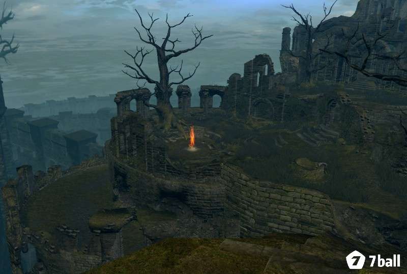 Toàn cảnh vương quốc Lordran với lâu đài, hầm ngục và ánh sáng u tối đặc trưng của game Dark Souls Remastered