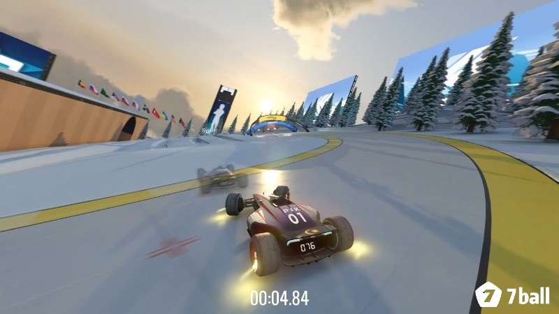 Xe Trackmania chạy trên đường đua sân vận động với ánh sáng hiện đại