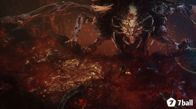 Nhân vật Wolcen đối đầu boss lớn giữa khung cảnh đổ nát