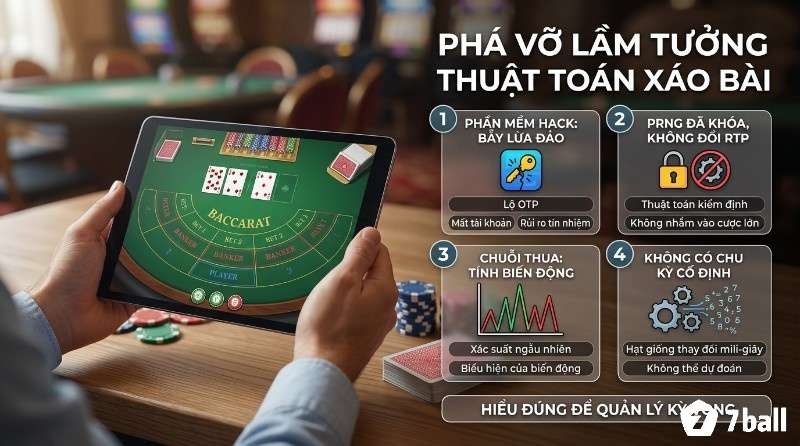 Phá vỡ lầm tưởng thuật toán xáo bài RNG: người chơi cầm máy tính bảng Baccarat, 4 điểm về phần mềm hack, PRNG khóa, chuỗi thua biến động, không chu kỳ cố định
