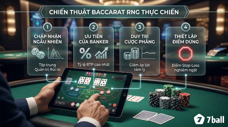 Chiến thuật Baccarat RNG gồm 4 bước: chấp nhận tính ngẫu nhiên, ưu tiên cửa Banker có RTP cao, duy trì cược phẳng và đặt stop-loss rõ ràng để kiểm soát rủi ro