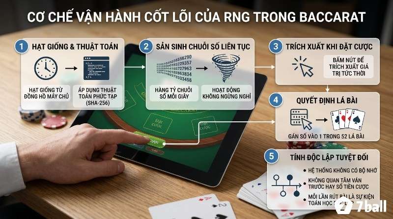 Cơ chế vận hành RNG trong baccarat qua 5 bước: từ hạt giống, thuật toán SHA-256, tạo chuỗi số liên tục, trích xuất khi đặt cược, gán số cho lá bài, đảm bảo tính độc lập tuyệt đối trong baccarat RNG là gì
