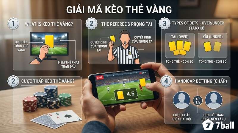 Giải mã cách cược kèo thẻ vàng với các loại cược Tài/Xỉu, Chấp, trọng tài rút thẻ, tổng số thẻ phạt trên sân bóng và điện thoại