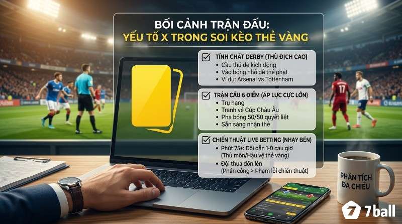 Phân tích bối cảnh trận đấu soi kèo thẻ vàng với các yếu tố derby, trận cầu 6 điểm, chiến thuật live betting trên laptop và điện thoại