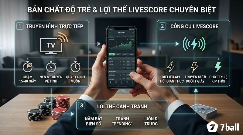 Bản chất độ trễ truyền hình trực tiếp 15-40 giây so với công cụ livescore chuyên biệt cung cấp dữ liệu API thời gian thực dưới 1 giây, giúp chốt tỷ lệ kịp thời, nắm bắt biến số và tránh "pending"