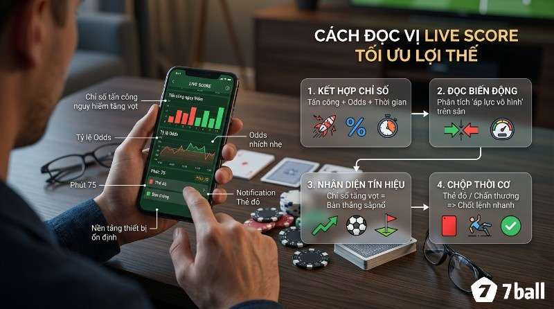 Live score trên app hiển thị nhanh các tín hiệu như tấn công nguy hiểm, odds, thẻ đỏ và mốc thời gian quan trọng giúp nắm bắt diễn biến trận đấu theo thời gian thực trong cách theo dõi live score cho kèo