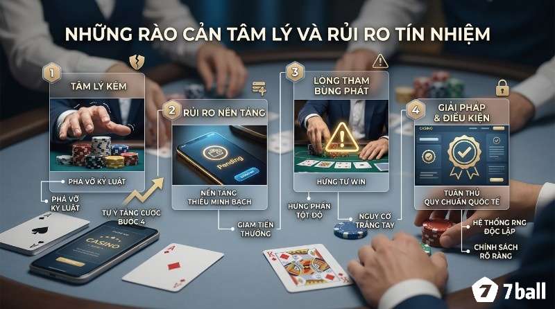 Rào cản tâm lý và rủi ro tín nhiệm khi chơi cờ bạc, minh họa tâm lý kém, lòng tham bùng phát, rủi ro nền tảng thiếu minh bạch, và giải pháp tuân thủ quy chuẩn quốc tế