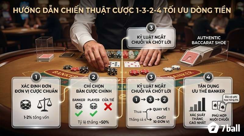 Hướng dẫn chiến thuật baccarat 1-3-2-4 tối ưu dòng tiền trên bàn Baccarat, với 4 bước: xác định đơn vị, chọn cửa chính, kỷ luật ngắt chuỗi/chốt lời, tận dụng Banker