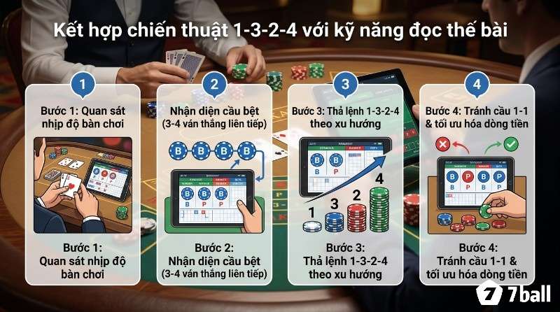 Kết hợp chiến thuật baccarat 1-3-2-4 với kỹ năng đọc thế bài, quy trình 4 bước nhận diện cầu bệt, tránh cầu 1-1, tối ưu dòng tiền trên bàn chơi