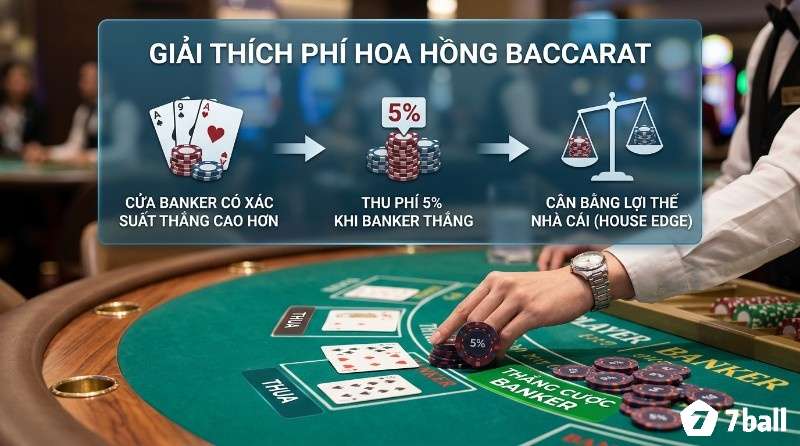 Commission baccarat là gì? Giải thích phí hoa hồng Baccarat 5% thu trên cửa Banker thắng để cân bằng lợi thế nhà cái, với quy trình Banker thắng xác suất cao hơn