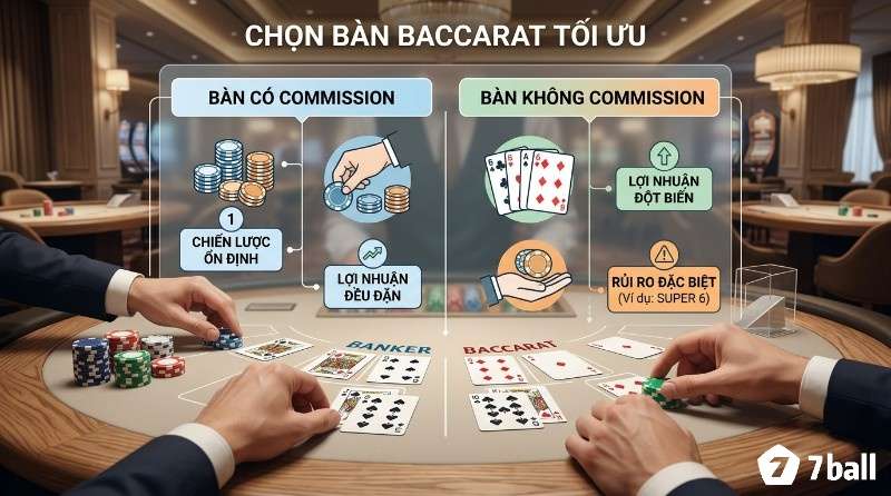 Chọn bàn Baccarat tối ưu: so sánh bàn có commission (chiến lược ổn định, lợi nhuận đều đặn) và bàn không commission (lợi nhuận đột biến, rủi ro Super 6)