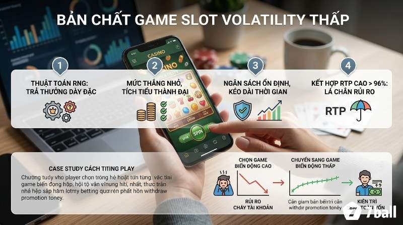 Bản chất game slot volatility thấp: thuật toán RNG trả thưởng dày đặc, thắng nhỏ tích lũy, ngân sách ổn định, RTP cao >96% bảo vệ vốn, tránh cháy tài khoản”><figcaption><i><strong>Bản chất game slot volatility thấp: thuật toán RNG trả thưởng dày đặc, thắng nhỏ tích lũy, ngân sách ổn định, RTP cao >96% bảo vệ vốn, tránh cháy tài khoản</strong></i></figcaption></figure>
<p>Trong ngành công nghiệp giải trí có rủi ro, “Volatility” (độ biến động) là thước đo trực tiếp đánh giá biên độ rủi ro của một trò chơi trong game slot volatility thấp. Game volatility cao thiên về “thắng lớn hoặc trắng tay”, trong khi volatility thấp lại giống cơ chế tích lũy đều đặn theo thời gian. Hệ thống Trình tạo số ngẫu nhiên (RNG) của những trò chơi này được thiết lập để tạo ra các tổ hợp trúng thưởng liên tục. Ở game volatility thấp thì anh em có thể thắng nhiều vòng liên tiếp nhưng giá trị thưởng thường chỉ nhỉnh hơn hoặc ngang mức cược ban đầu.</p>
<p>Sự kết hợp giữa Volatility thấp và Tỷ lệ hoàn trả (RTP – Return to Player) cao chính là lá chắn thép bảo vệ ngân sách của bạn. Khi một tựa game có RTP chạm mốc 96% trở lên kèm theo độ biến động thấp, đường cong tài chính của bạn sẽ đi ngang hoặc dao động với biên độ rất hẹp. Điều này triệt tiêu hoàn toàn cảm giác hụt hẫng hay áp lực tâm lý khi phải chứng kiến chuỗi thua dài vô tận trong game slot volatility thấp.</p>
<p>Case hay gặp trên thực tế: Hoàng, một tay chơi hệ thực chiến, từng nạp 5 triệu vào một sảnh game với mục tiêu cày doanh thu cược để rút tiền khuyến mãi. Ban đầu, anh chọn các game biến động cao và nhanh chóng âm mất 3 triệu chỉ sau 15 phút. Nhận ra sai lầm, Hoàng chuyển sang một tựa game slot volatility thấp. Dù không có những cú nổ lớn, số dư vẫn tăng dần ổn định qua từng vòng, giúp người chơi duy trì chuỗi quay dài tới hàng nghìn lượt theo cơ chế nền tảng. Cuối cùng, Hoàng bảo toàn được 4.5 triệu và rút tiền thành công mà không gặp bất kỳ rào cản nào trong game slot volatility thấp.</p>
<h2><strong>Tiêu chí chọn nền tảng và top game slot volatility thấp đáng tiền</strong></h2>
<p><strong>Để chọn game slot volatility thấp chất lượng, bạn cần ưu tiên các nền tảng có chứng nhận RNG quốc tế, tỷ lệ RTP trên 96% và hệ thống thanh toán không giam tiền pending. Dưới đây là những tựa game thực chiến đã được kiểm chứng về độ xanh chín trong game slot volatility thấp.</strong></p>
<p>Thị trường hiện nay tràn ngập các cổng game, nhưng không phải địa chỉ nào cũng cung cấp các sản phẩm chuẩn chỉ trong game slot volatility thấp. Chọn sai nền tảng có thể làm tăng rủi ro về độ uy tín, thậm chí gặp phải các trò chơi bị điều chỉnh tỷ lệ trả thưởng. Một tựa game slot volatility thấp chỉ phát huy tác dụng khi nó được vận hành trên một hệ thống minh bạch.</p>
<figure class=