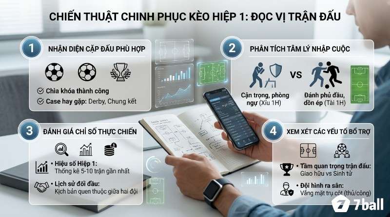 Chiến thuật chinh phục kèo hiệp 1 là gì: Đọc vị trận đấu qua 4 bước: nhận diện cặp đấu, phân tích tâm lý, đánh giá chỉ số, xem xét yếu tố bổ trợ