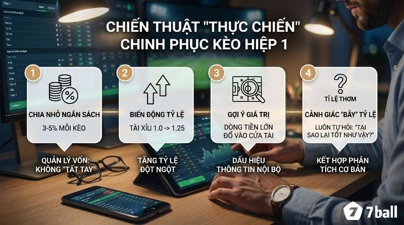 Chiến thuật chinh phục kèo hiệp 1 là gì, quản lý vốn chia nhỏ 3-5%, theo dõi biến động tỷ lệ Tài Xỉu, cảnh giác bẫy tỷ lệ