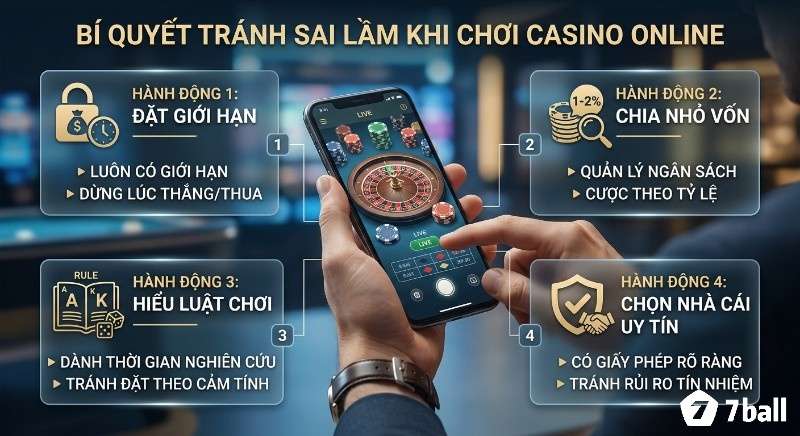 Checklist 4 hành động giúp tránh sai lầm chết người khi chơi casino online, bao gồm đặt giới hạn, chia vốn, hiểu luật, chọn nhà cái uy tín