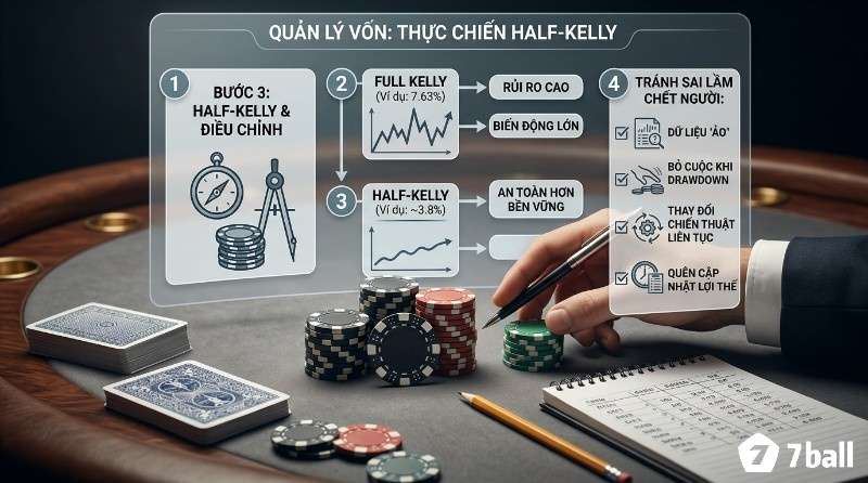Quản lý vốn Half-Kelly: điều chỉnh chiến lược, so sánh Full Kelly 7.63% rủi ro cao với Half-Kelly 3.8% an toàn bền vững, tránh 4 sai lầm chết người