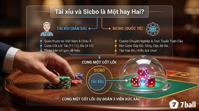 So sánh tài xỉu và Sicbo, là cùng một trò chơi xúc xắc, Tài xỉu là phiên bản dân dã, Sicbo là quốc tế, người chơi đặt cược chip vào kết quả 3 viên xúc xắc
